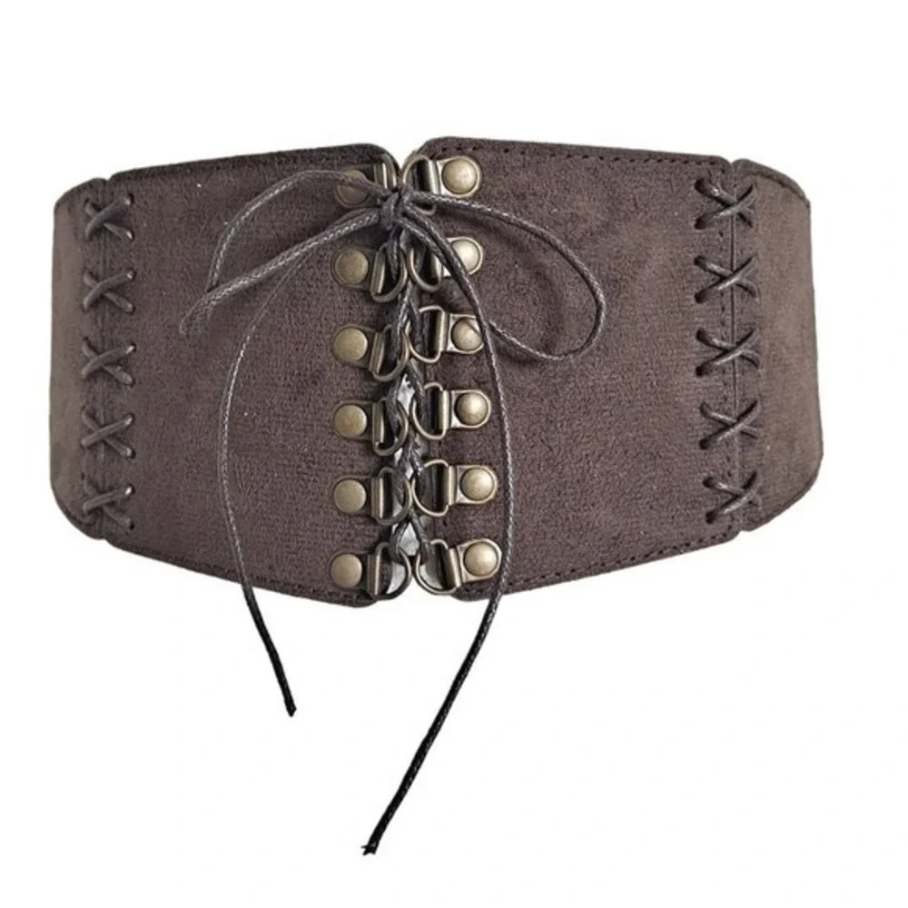 Western wide waist faux suede corset belt L/ XL dark brown boho lace up stretch